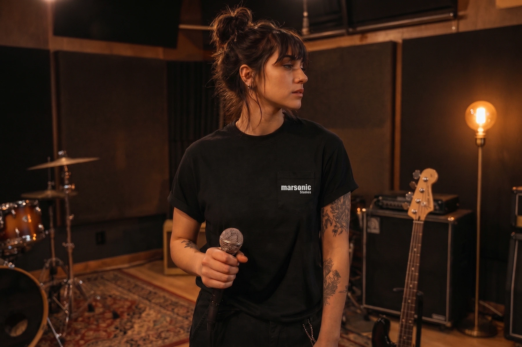 A musician wearing a black Marsonic Studios t-shirt during a jam session