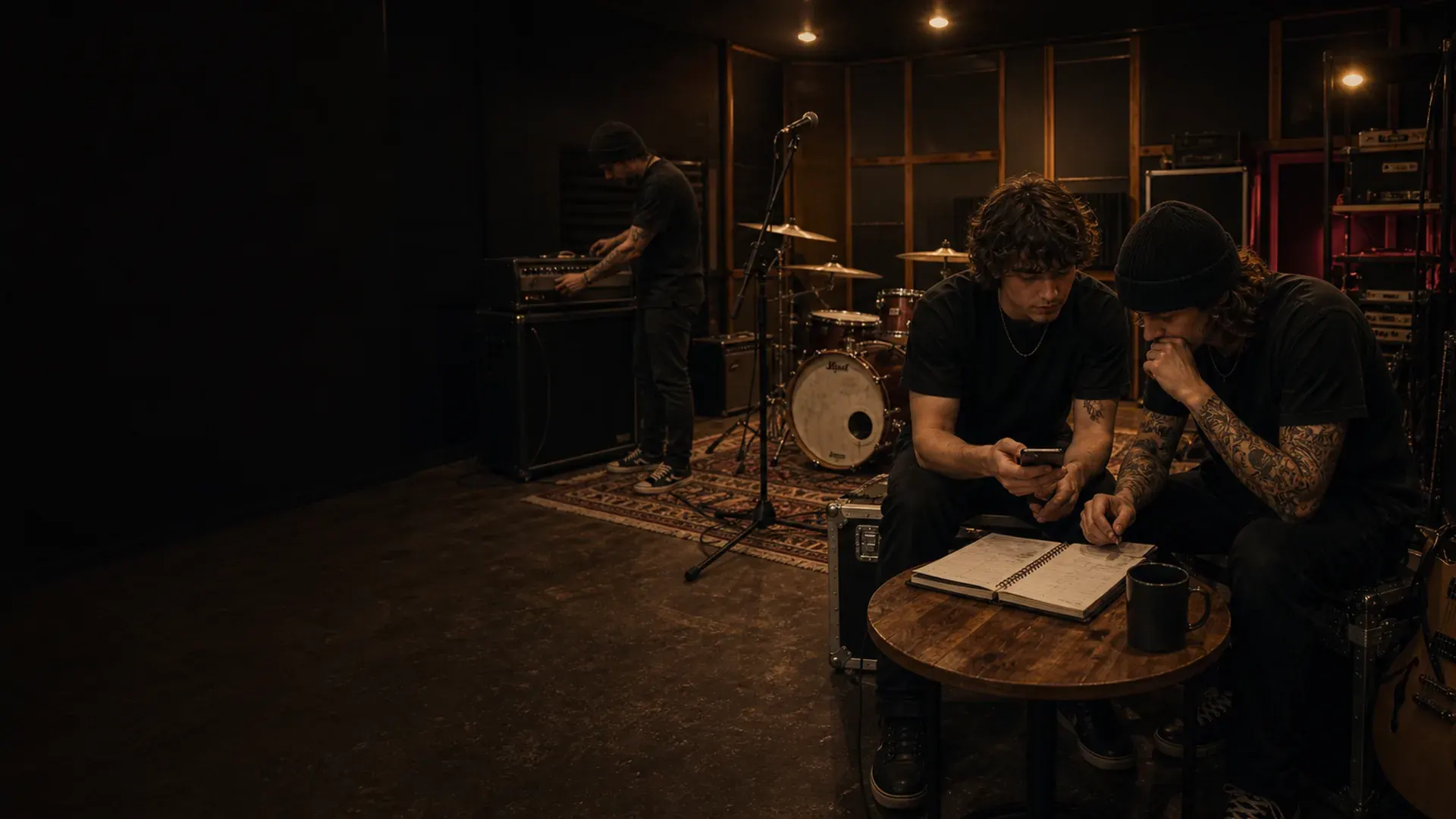 Marsonic rehearsal room with microphones, drums, and amplifiers