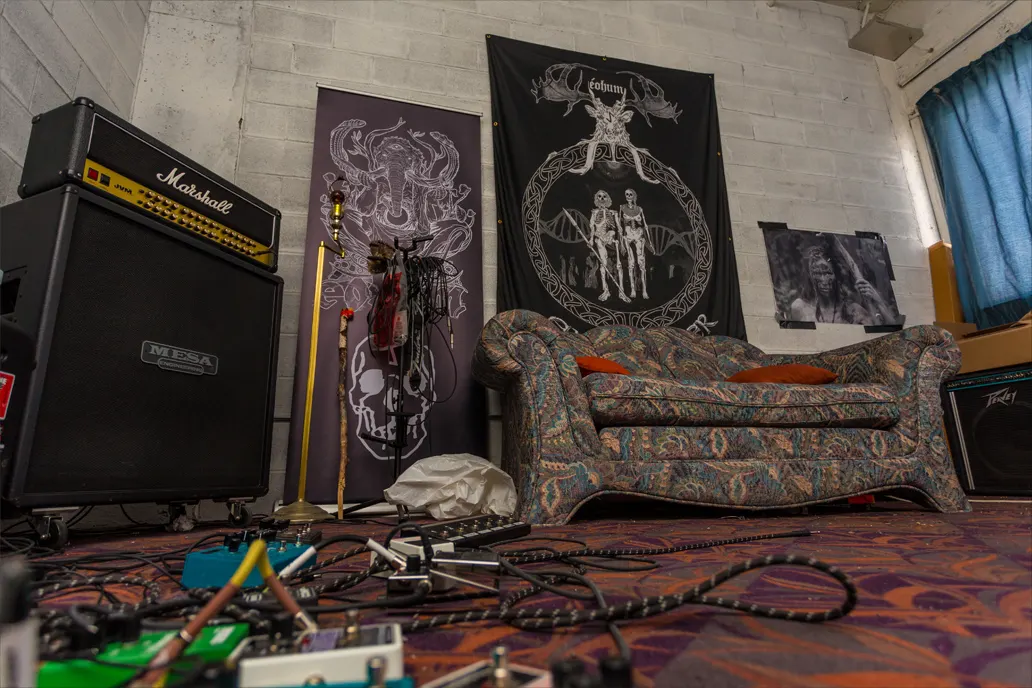 Marsonic rehearsal room wall detail with amps, cables, and space to plan the next fall setup