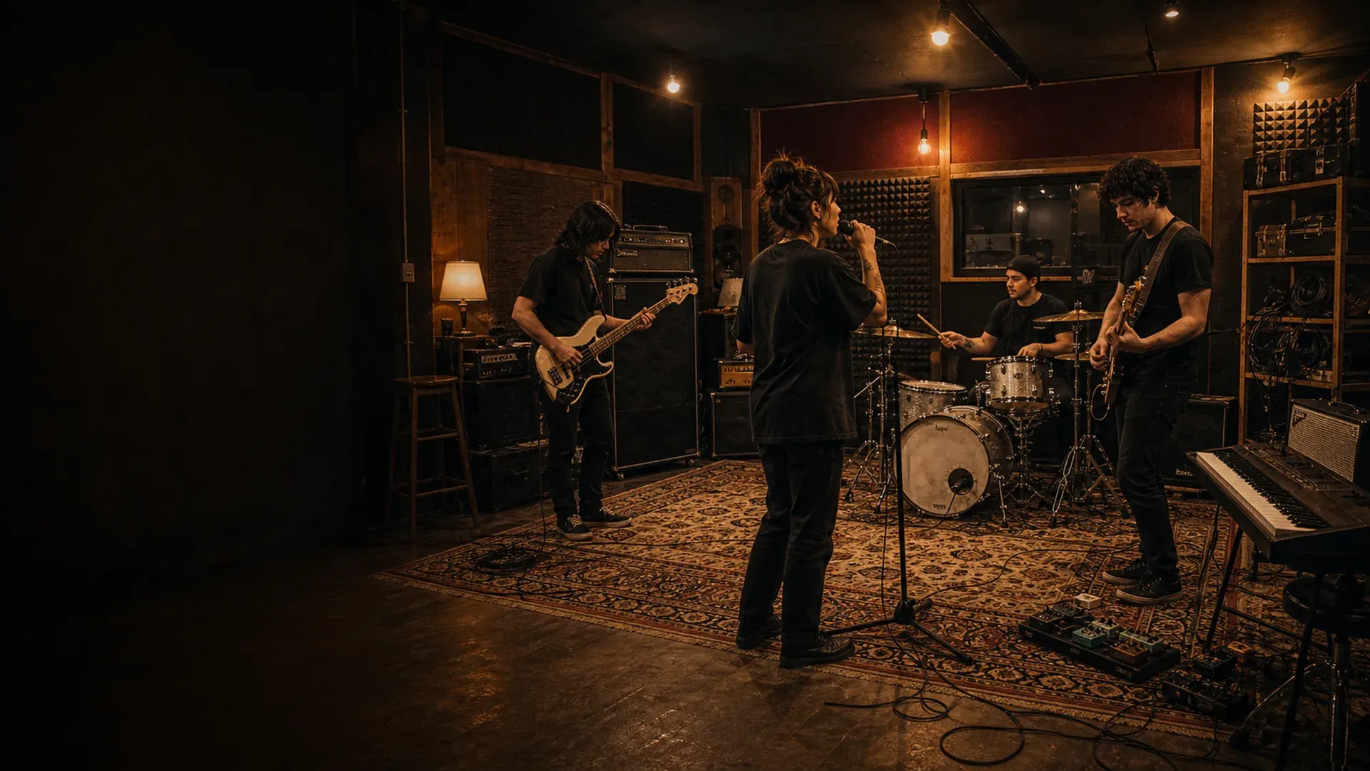 Marsonic rehearsal studio room with amps and stored gear